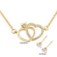 Cubic Zirconia Stainless Steel Jewelry Sets, 304 Stainless Steel, Stud Earring & necklace, with Brass, Heart, Vacuum Ion Plating, micro pave cubic zirconia & for woman, golden Approx 52.5 cm 