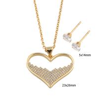 Cubic Zirconia Stainless Steel Jewelry Sets, 304 Stainless Steel, Stud Earring & necklace, with Brass, Heart, Vacuum Ion Plating, micro pave cubic zirconia & for woman, golden Approx 49.5 cm [