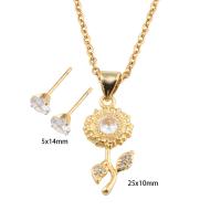 Cubic Zirconia Stainless Steel Jewelry Sets, 304 Stainless Steel, Stud Earring & necklace, with Brass, Flower, Vacuum Ion Plating, micro pave cubic zirconia & for woman, golden Approx 49.5 cm 