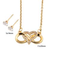 Cubic Zirconia Stainless Steel Jewelry Sets, 304 Stainless Steel, Stud Earring & necklace, with Brass, Heart, Vacuum Ion Plating, micro pave cubic zirconia & for woman, golden Approx 52.3 cm [
