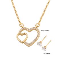Cubic Zirconia Stainless Steel Jewelry Sets, 304 Stainless Steel, Stud Earring & necklace, with Brass, Heart, Vacuum Ion Plating, micro pave cubic zirconia & for woman, golden Approx 51.4 cm 