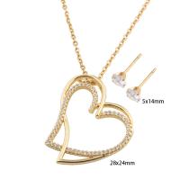 Cubic Zirconia Stainless Steel Jewelry Sets, 304 Stainless Steel, Stud Earring & necklace, with Brass, Heart, Vacuum Ion Plating, micro pave cubic zirconia & for woman, golden Approx 50 cm 