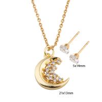 Cubic Zirconia Stainless Steel Jewelry Sets, 304 Stainless Steel, Stud Earring & necklace, with Brass, Moon, Vacuum Ion Plating, micro pave cubic zirconia & for woman, golden Approx 50.3 cm 