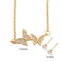 Cubic Zirconia Stainless Steel Jewelry Sets, 304 Stainless Steel, Stud Earring & necklace, with Brass, Butterfly, Vacuum Ion Plating, micro pave cubic zirconia & for woman, golden Approx 53.2 cm 