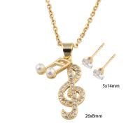 Cubic Zirconia Stainless Steel Jewelry Sets, 304 Stainless Steel, Stud Earring & necklace, with Plastic Pearl & Brass, Music Note, Vacuum Ion Plating, micro pave cubic zirconia & for woman, golden Approx 49.5 cm 