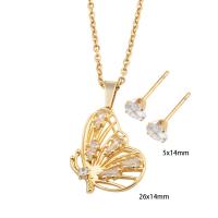 Cubic Zirconia Stainless Steel Jewelry Sets, 304 Stainless Steel, Stud Earring & necklace, with Brass, Butterfly, Vacuum Ion Plating, micro pave cubic zirconia & for woman, golden Approx 49.6 cm 