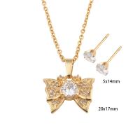 Cubic Zirconia Stainless Steel Jewelry Sets, 304 Stainless Steel, Stud Earring & necklace, with Brass, Vacuum Ion Plating, micro pave cubic zirconia & for woman, golden Approx 50.2 cm 