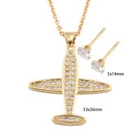 Cubic Zirconia Stainless Steel Jewelry Sets, 304 Stainless Steel, Stud Earring & necklace, with Brass, Airplane, Vacuum Ion Plating, micro pave cubic zirconia & for woman, gold Approx 49.6 cm 