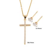 Cubic Zirconia Stainless Steel Jewelry Sets, 304 Stainless Steel, Stud Earring & necklace, with Brass, Cross, Vacuum Ion Plating, micro pave cubic zirconia & for woman, gold Approx 50 cm [