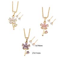 Cubic Zirconia Stainless Steel Jewelry Sets, 304 Stainless Steel, Stud Earring & necklace, with Brass, Flower, Vacuum Ion Plating, micro pave cubic zirconia & for woman Approx 48.2 cm 