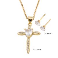 Cubic Zirconia Stainless Steel Jewelry Sets, 304 Stainless Steel, Stud Earring & necklace, with Brass, Cross, Vacuum Ion Plating, micro pave cubic zirconia & for woman, golden Approx 50 cm [