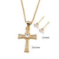 Cubic Zirconia Stainless Steel Jewelry Sets, 304 Stainless Steel, Stud Earring & necklace, with Brass, Cross, Vacuum Ion Plating, micro pave cubic zirconia & for woman, golden Approx 49.5 cm [