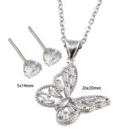 Cubic Zirconia Stainless Steel Jewelry Sets, 304 Stainless Steel, Stud Earring & necklace, with Brass, Butterfly, Vacuum Ion Plating, micro pave cubic zirconia & for woman, silver color Approx 50.4 cm 
