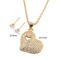 Cubic Zirconia Stainless Steel Jewelry Sets, 304 Stainless Steel, Stud Earring & necklace, with Brass, Heart, Vacuum Ion Plating, micro pave cubic zirconia & for woman, golden Approx 50.4 cm [