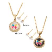 Cubic Zirconia Stainless Steel Jewelry Sets, 304 Stainless Steel, Stud Earring & necklace, with Brass, Butterfly, Vacuum Ion Plating, micro pave cubic zirconia & for woman & enamel Approx 49.8 cm 