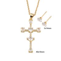 Cubic Zirconia Stainless Steel Jewelry Sets, 304 Stainless Steel, Stud Earring & necklace, with Brass, Cross, Vacuum Ion Plating, micro pave cubic zirconia & for woman, golden Approx 50.6 cm 