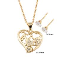 Cubic Zirconia Stainless Steel Jewelry Sets, 304 Stainless Steel, Stud Earring & necklace, with Brass, Heart, Vacuum Ion Plating, micro pave cubic zirconia & for woman, golden Approx 49.5 cm [