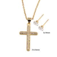 Cubic Zirconia Stainless Steel Jewelry Sets, 304 Stainless Steel, Stud Earring & necklace, with Brass, Cross, Vacuum Ion Plating, micro pave cubic zirconia & for woman, golden Approx 49.7 cm 