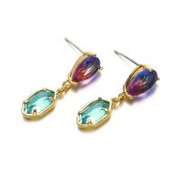 Gemstone Drop Earring, Brass, with Glass & Tourmaline, 18K gold plated, fashion jewelry & for woman, multi-colored 