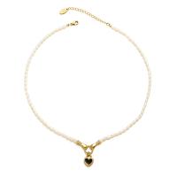 Freshwater Pearl Brass Necklace, with Brass, with 6.5 extender chain, 18K gold plated, fashion jewelry & micro pave cubic zirconia & for woman & enamel, two different colored .2 cm 
