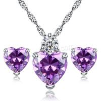 Cubic Zirconia Zinc Alloy Jewelry Sets, Stud Earring & necklace, with 304 Stainless Steel Chain & Cubic Zirconia, with 5cm extender chain, Heart, silver color plated, 2 pieces & fashion jewelry & for woman Approx 45 cm [