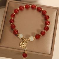 Bracelets Agate en rouge, agate rouge, avec blanc calcédoine & alliage de zinc, Rond, Placage de couleur d'or, bijoux de mode & unisexe, rouge Environ 18 cm, Vendu par PC