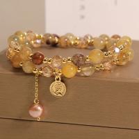 Gemstone Pearl Bracelets, Rutilated Quartz, with Freshwater Pearl & Zinc Alloy, Round, gold color plated, fashion jewelry & Unisex, mixed colors Approx 37 cm 