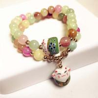 Gemstone Bracelets, Natural Stone, with Porcelain & Zinc Alloy, Fortune Cat, gold color plated, fashion jewelry & for woman Approx 37 cm 