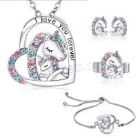 Rhinestone Zinc Alloy Jewelry Set, Stud Earring & finger ring & bracelet & necklace, Unicorn, plated, fashion jewelry & for woman & with rhinestone 