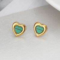 Titanium Steel Earrings, with Malachite, Heart, Vacuum Ion Plating, fashion jewelry & for woman, golden 