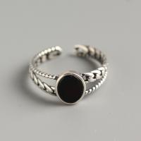 Sterling Silver Finger Ring, 925 Sterling Silver, with Black Agate, Antique finish, fashion jewelry & for woman & hollow, 9mm, Inner Approx 17.2mm 