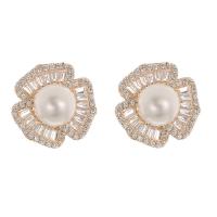 Rhinestone Brass Stud Earring, with Plastic Pearl, fashion jewelry & for woman & with rhinestone 