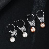 Rhinestone Brass Drop Earring, with Plastic Pearl, Butterfly, plated, fashion jewelry & for woman & with rhinestone 