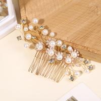 Decorative Hair Combs, Zinc Alloy, with Plastic Pearl & Brass, fashion jewelry & for woman & with rhinestone, golden 