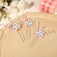 Hair Stick, Zinc Alloy, with Crystal & Brass, three pieces & for woman & with rhinestone, silver color 