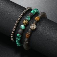 Gemstone Bracelets, with Glass Beads & Elastic Thread & Zinc Alloy, plated, vintage & three pieces & for man Inner Approx 55mm 