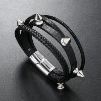PU Leather Cord Bracelets, with Zinc Alloy, punk style & for man, black 