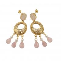 Freshwater Pearl Brass Earring, with Natural Stone & pearl, gold color plated, Bohemian style & for woman 