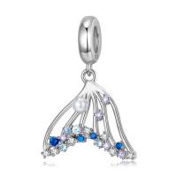 Sterling Silver European Pendants, 925 Sterling Silver, with Plastic Pearl, Mermaid tail, DIY & with rhinestone & hollow [