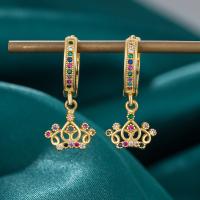 Cubic Zirconia Micro Pave Brass Earring, Crown, real gold plated, fashion jewelry & micro pave cubic zirconia & for woman, golden 