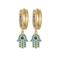Cubic Zirconia Micro Pave Brass Earring, with turquoise, Hamsa, real gold plated, fashion jewelry & micro pave cubic zirconia & for woman, golden 