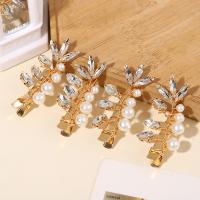 Alligator Hair Clip, Brass, with Plastic Pearl, 4 pieces & for woman & with rhinestone, golden [