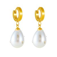 Titanium Steel Earrings, with Plastic Pearl, plated, fashion jewelry & for woman & with rhinestone, golden 