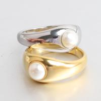 Stainless Steel Finger Ring, 304 Stainless Steel, with Plastic Pearl, plated, fashion jewelry & for woman 9.5mm 