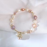 Cultured Freshwater Pearl Brass Bracelet, with Freshwater Pearl, 14K gold plated, fashion jewelry & for woman, multi-colored, 77mm 