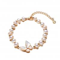 Cultured Freshwater Pearl Brass Bracelet, with Pearl Oyster & Brass, with 4cm extender chain, gold color plated, fashion jewelry & for woman, golden, 6-7mm cm 