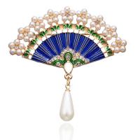Plastic Pearl Brooch, Zinc Alloy, with Plastic Pearl, Fan, plated, for woman & enamel & with rhinestone, gold 