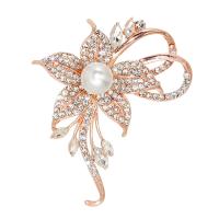 Plastic Pearl Brooch, Zinc Alloy, with Plastic Pearl, Flower, plated, for woman & with rhinestone, gold 