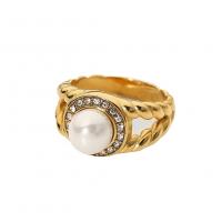 Titanium Steel Finger Ring, with Plastic Pearl, plated & micro pave cubic zirconia & for woman, golden [