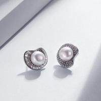 Sterling Silver Natural Pearl Stud Earring, 925 Sterling Silver, with Freshwater Pearl, fashion jewelry & micro pave cubic zirconia 